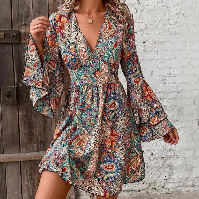 Women V Neck Printed Line Sleeve Casual Dress Comfortable