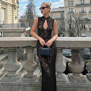 Women Color Sexy Knitted Cut Out Sleeveless Semi Sheer Midi