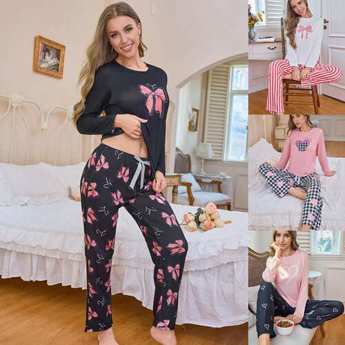 Autumn Winter Heart Print Women Pajama Set Sleeve Round Neck