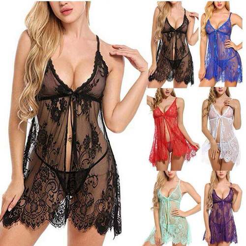Lingerie Women Open Front Lace Dress V Neck Chemise Negligee