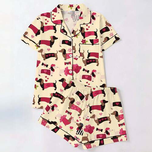 Women Over Print Tee Shorts Pyjama Casual Comfy Round Neck
