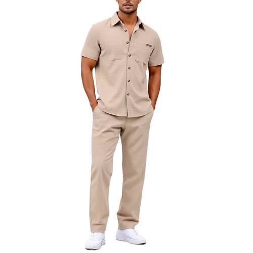 Men Button Front Shirt Drawstring Waist Pants Set Inner