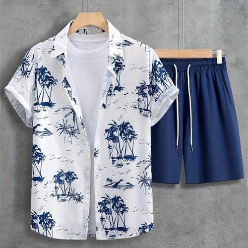 Men Tropical Coconut Print Shirt Drawstring Waist Shorts Two