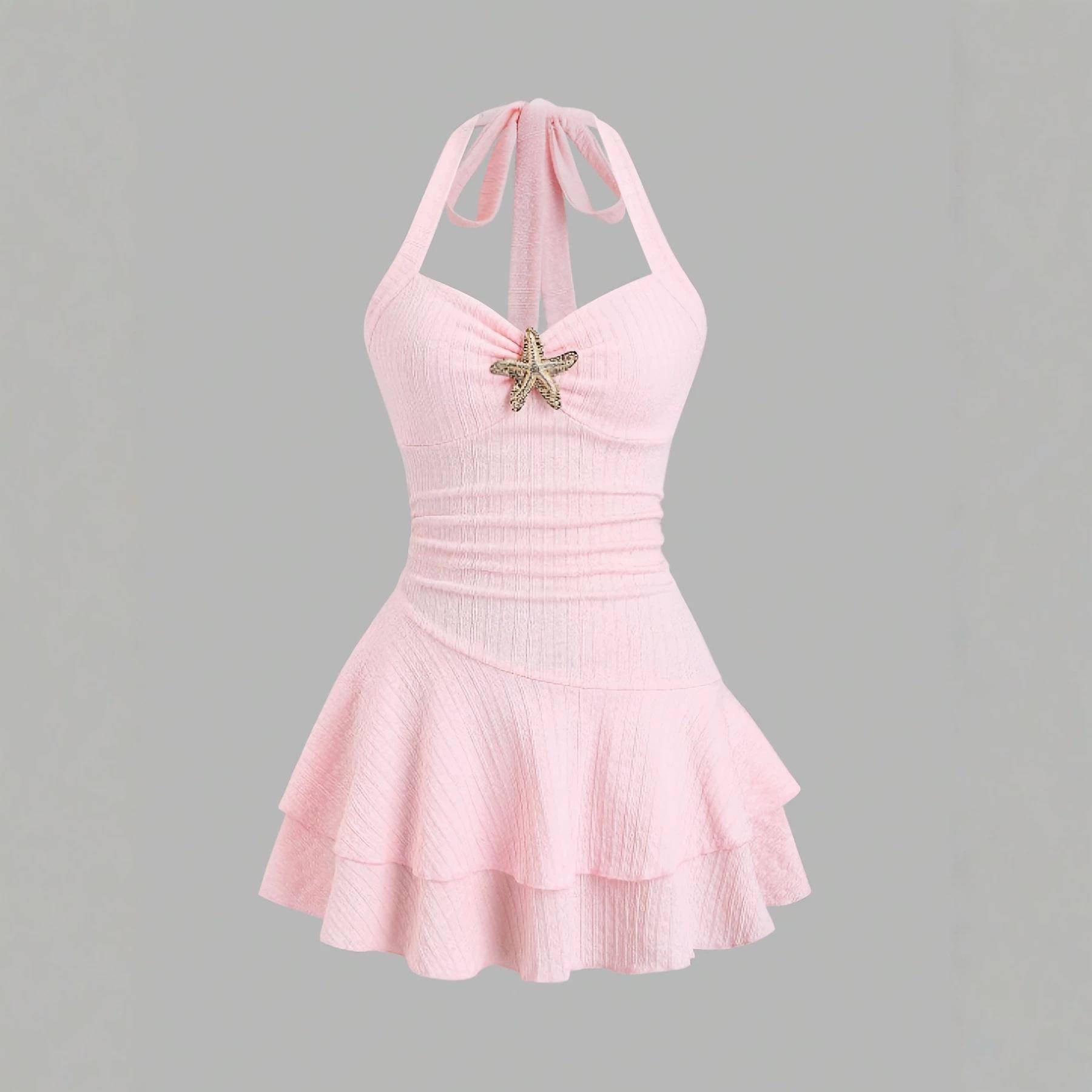 Women Halter Tie Front Ruched Bust Layered Ruffle Hem line