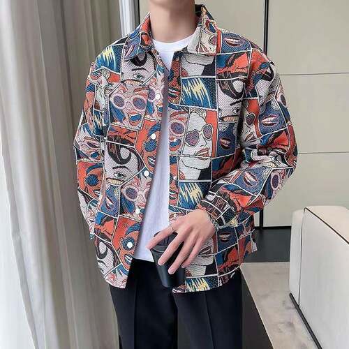 Men Jacquard Striped Jacket Coat Sleeve Casual Sporty Fitted