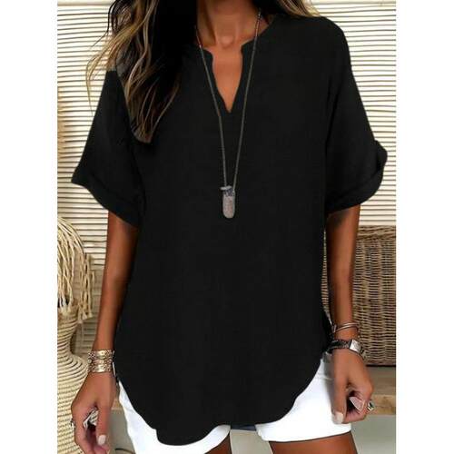 Color Notched Neck Blouse Shirts Casual Sleeve Summer Women