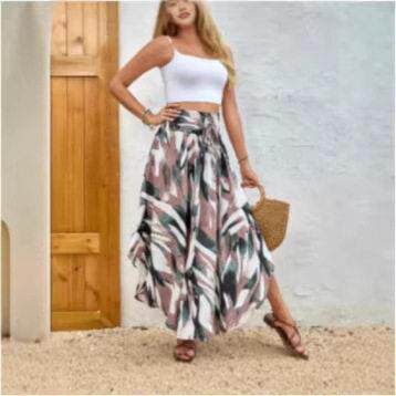 Women Casual Bohemian Boho Digital Print Waist Gathered