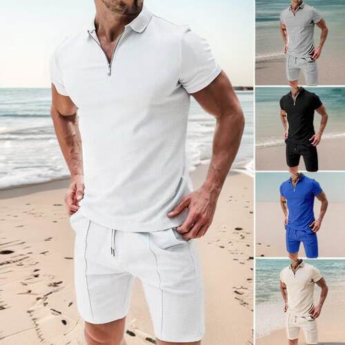 Two Set Men Plain Sleeve Tee Drawstring Waist Shorts Regular