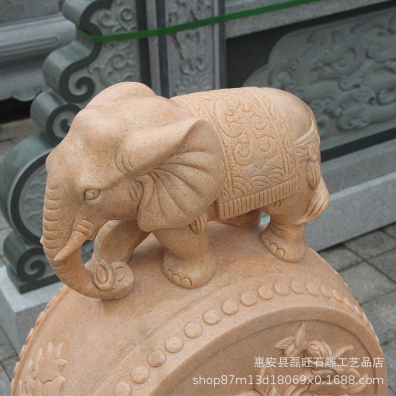 厂家直销晚霞红抱鼓石石雕牡丹纹门鼓石刻大象门墩中式门口摆件
