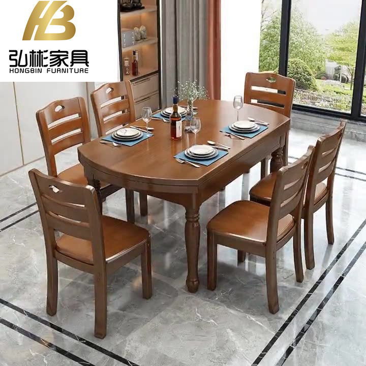 中式家具全实木跳台圆餐桌可伸缩折叠餐椅组合小户型食堂餐厅饭桌