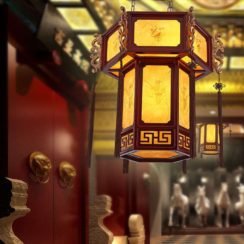 中式仿古实木吊灯复式楼六角宫灯温馨卧室书房餐厅工程别墅灯笼