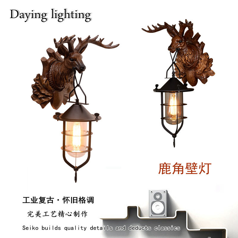 LOFT复古工业风壁灯客厅酒吧咖啡厅卧室装饰灯具创意树脂鹿头壁灯