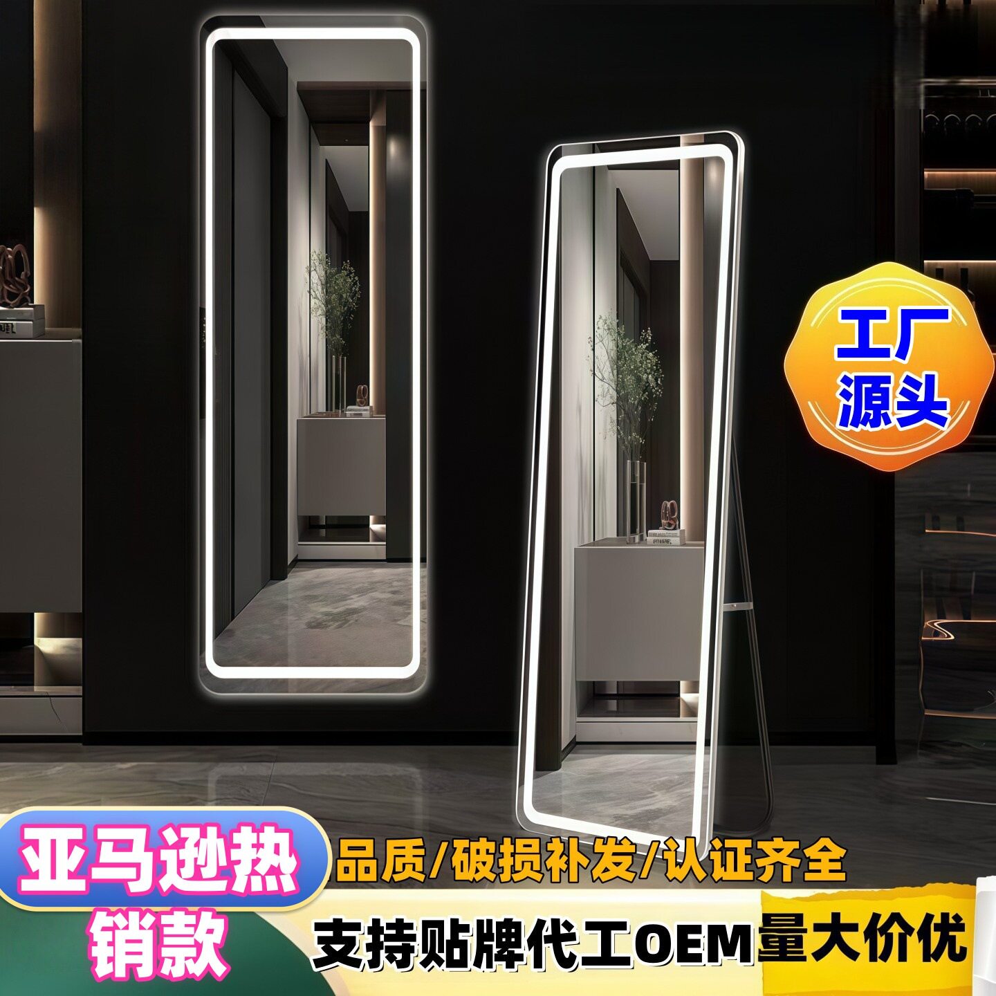 带灯镜子镜镜镜试衣落地镜家用壁挂ns风卧室跨境带灯全身镜充电款