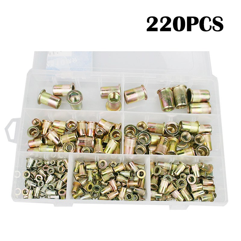 平头铆螺母220PCS盒装镀彩锌铆螺母M3/4/5/6/8/10/12镀锌螺帽拉帽