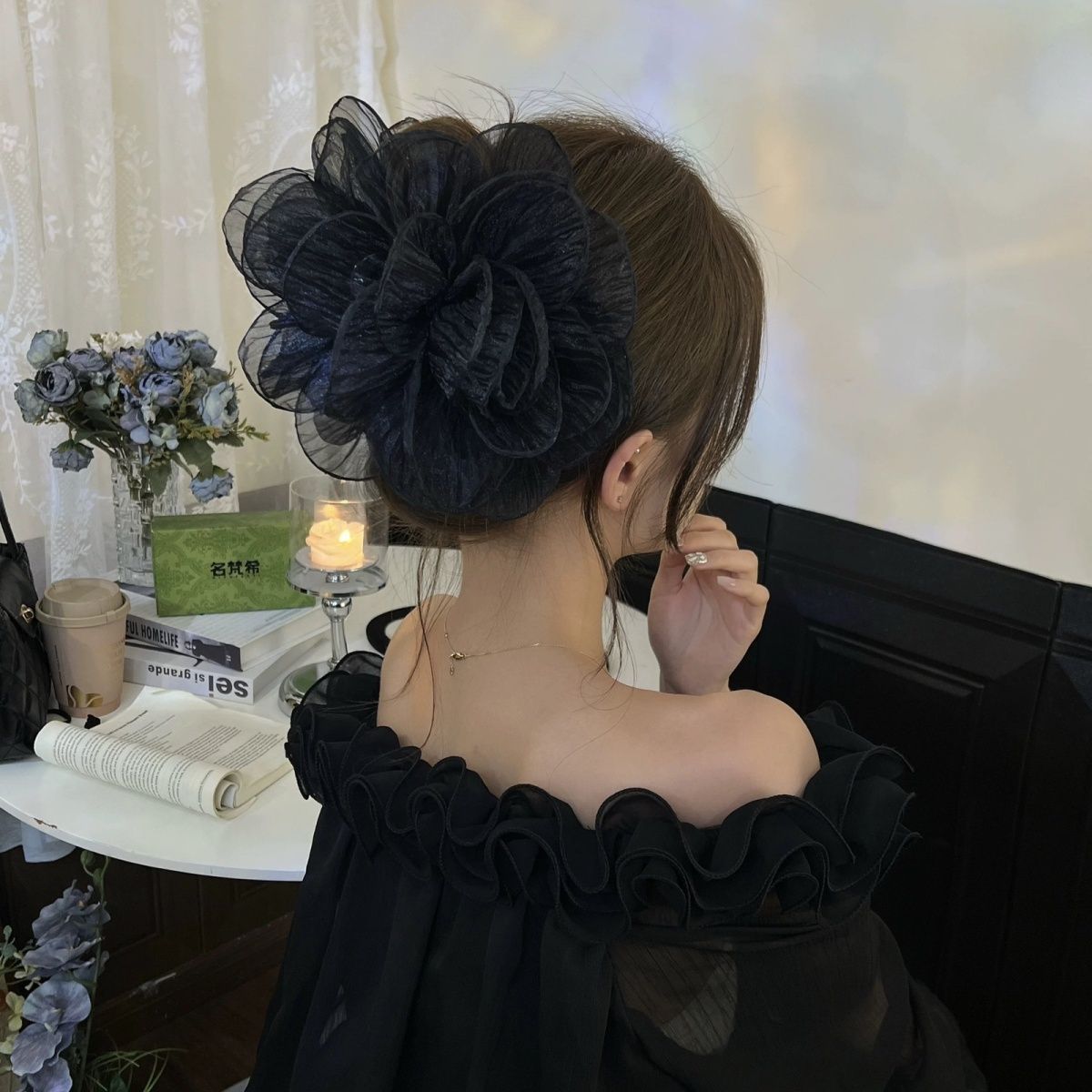 夏日后脑勺马尾丸子头饰网纱玫瑰花瓣立体鲨鱼抓夹女显脸小