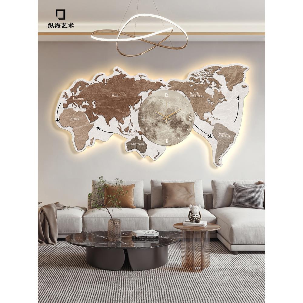 世界地图客厅装饰画带钟表沙发背景墙发光挂画创意.时钟壁灯画