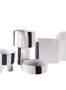 现代简约家居装饰黑白竖纹陶瓷高脚花瓶水果盘摆S件北欧样板间饰