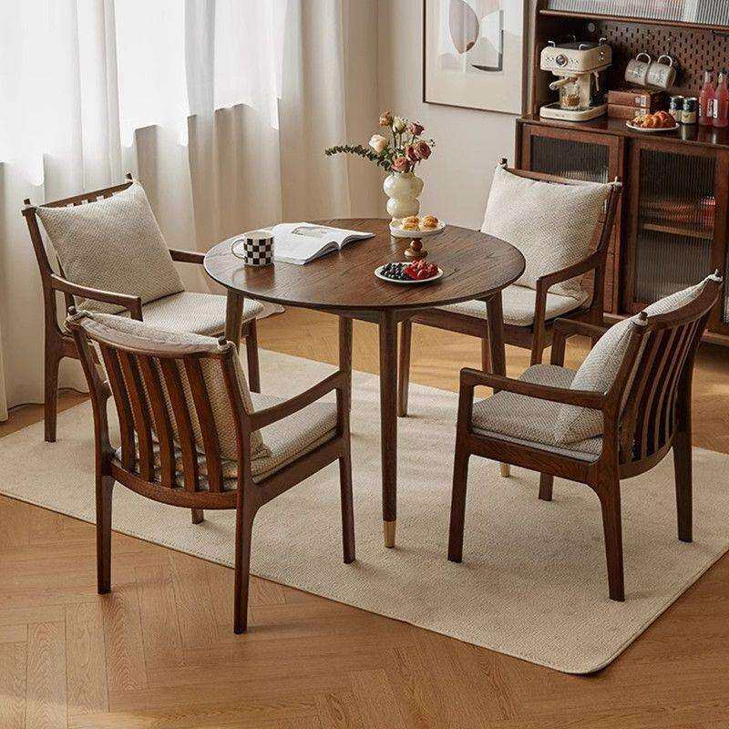 北欧实木橡木圆桌子椅组合家用小户型圆形餐桌洽谈桌胡桃色咖啡桌