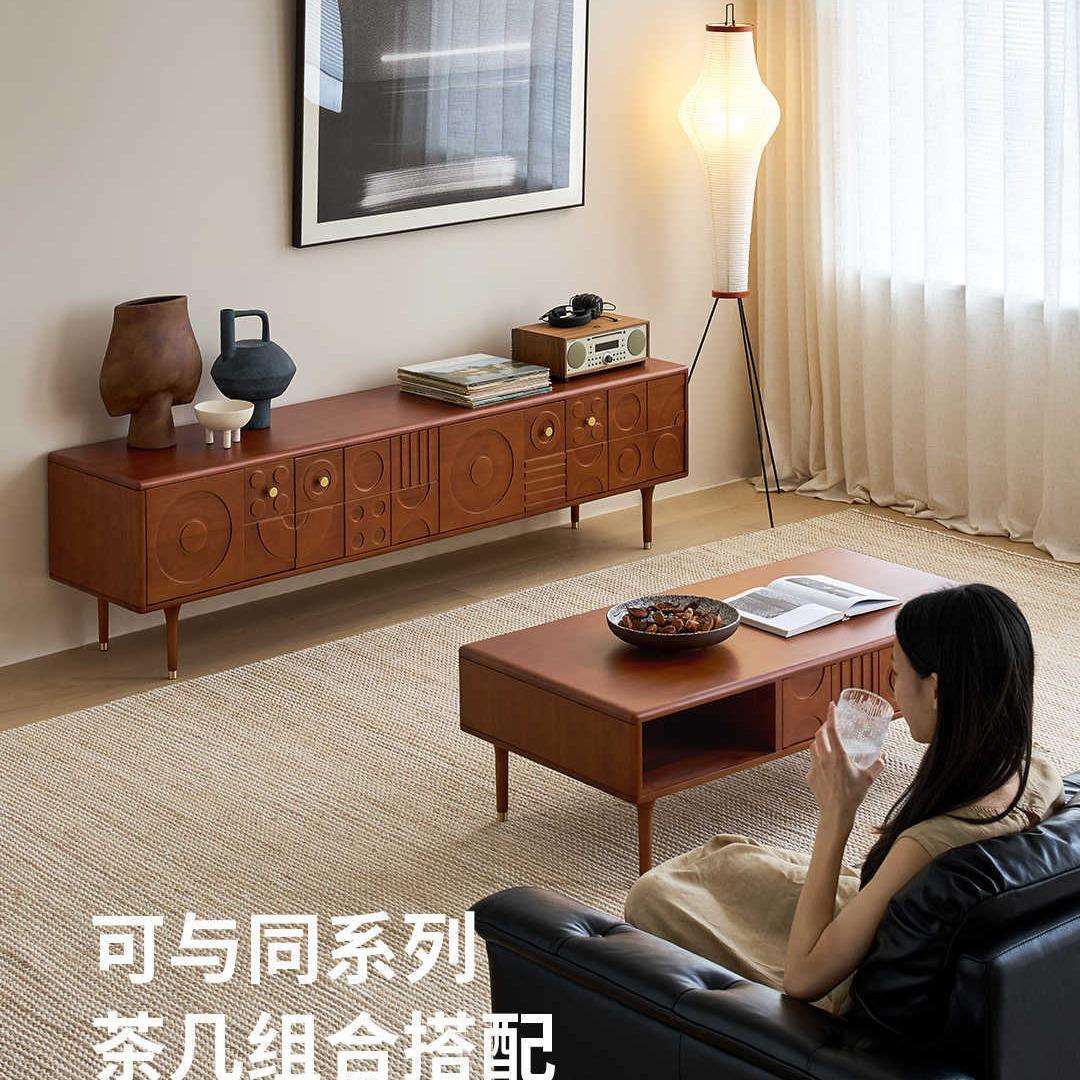 中古电视柜复古风实木黄杨木创意储物柜茶几实木电视柜一套组合
