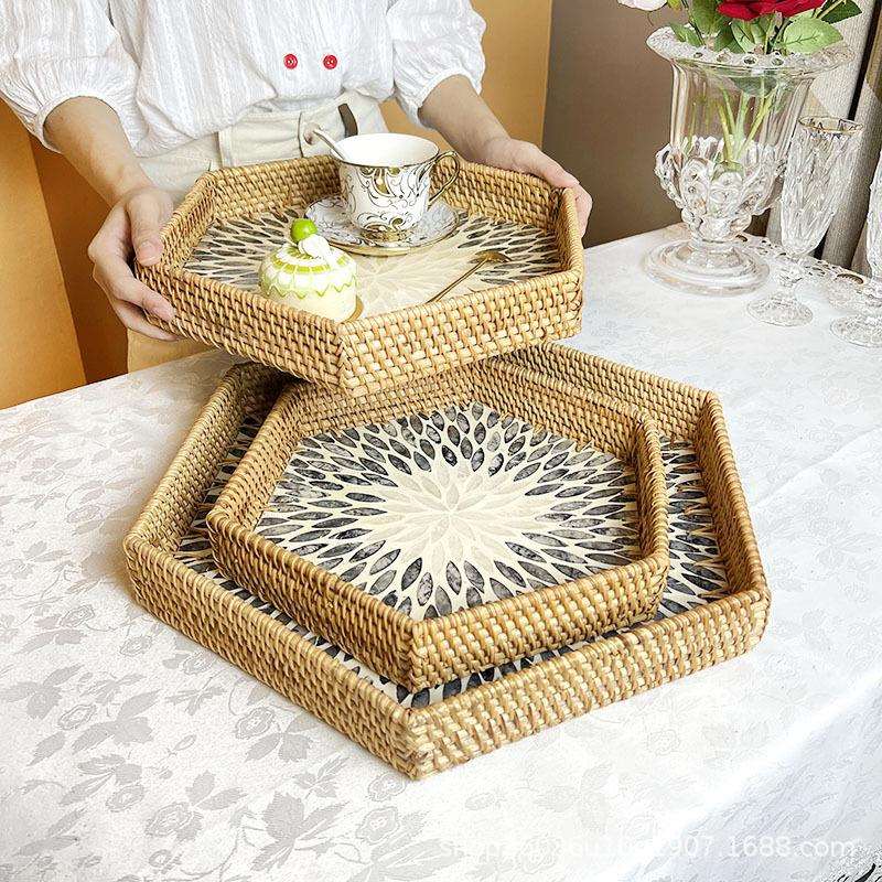 越南手工藤编贝壳托盘六边形轻奢复古水果盘家用客厅茶几盘置物盘