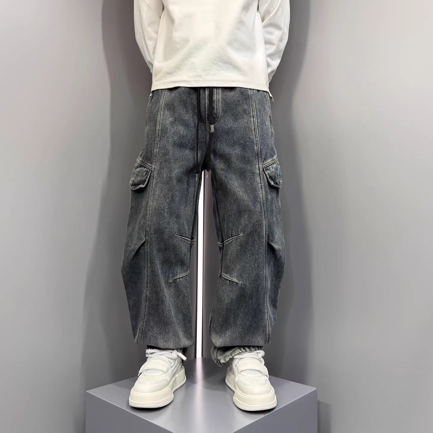 2026冬季新款复古水洗加绒工装牛仔裤男宽松直筒多口袋休闲长裤子