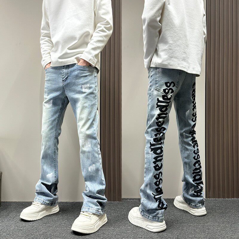 小众设计感涂鸦字母微喇水洗牛仔裤男款春秋季显瘦显高宽松直筒裤