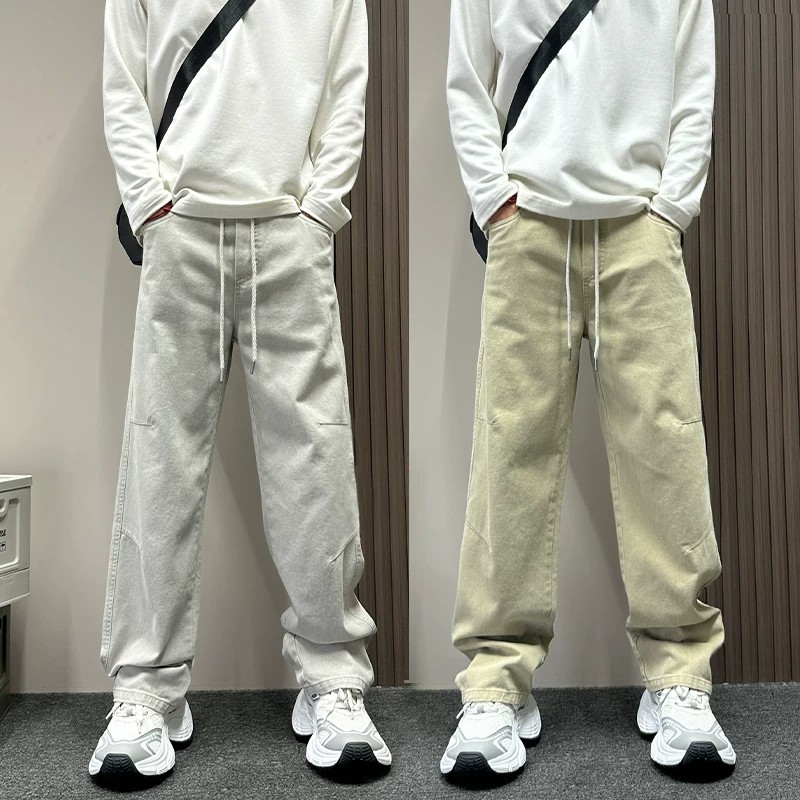 高级感卡其色松紧腰拼接休闲裤