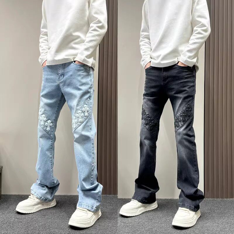 美式潮牌十字架刺绣微喇牛仔裤男款春秋季cheanfit显瘦直筒休闲裤