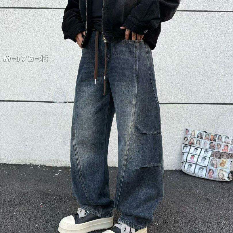 美式复古弯刀牛仔裤男士加绒2026秋冬季宽松直筒水洗加厚休闲裤子