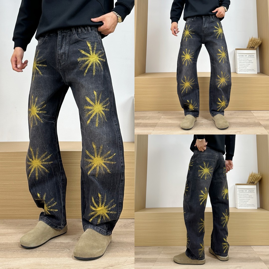 美式复古烟花彩绘牛仔裤男