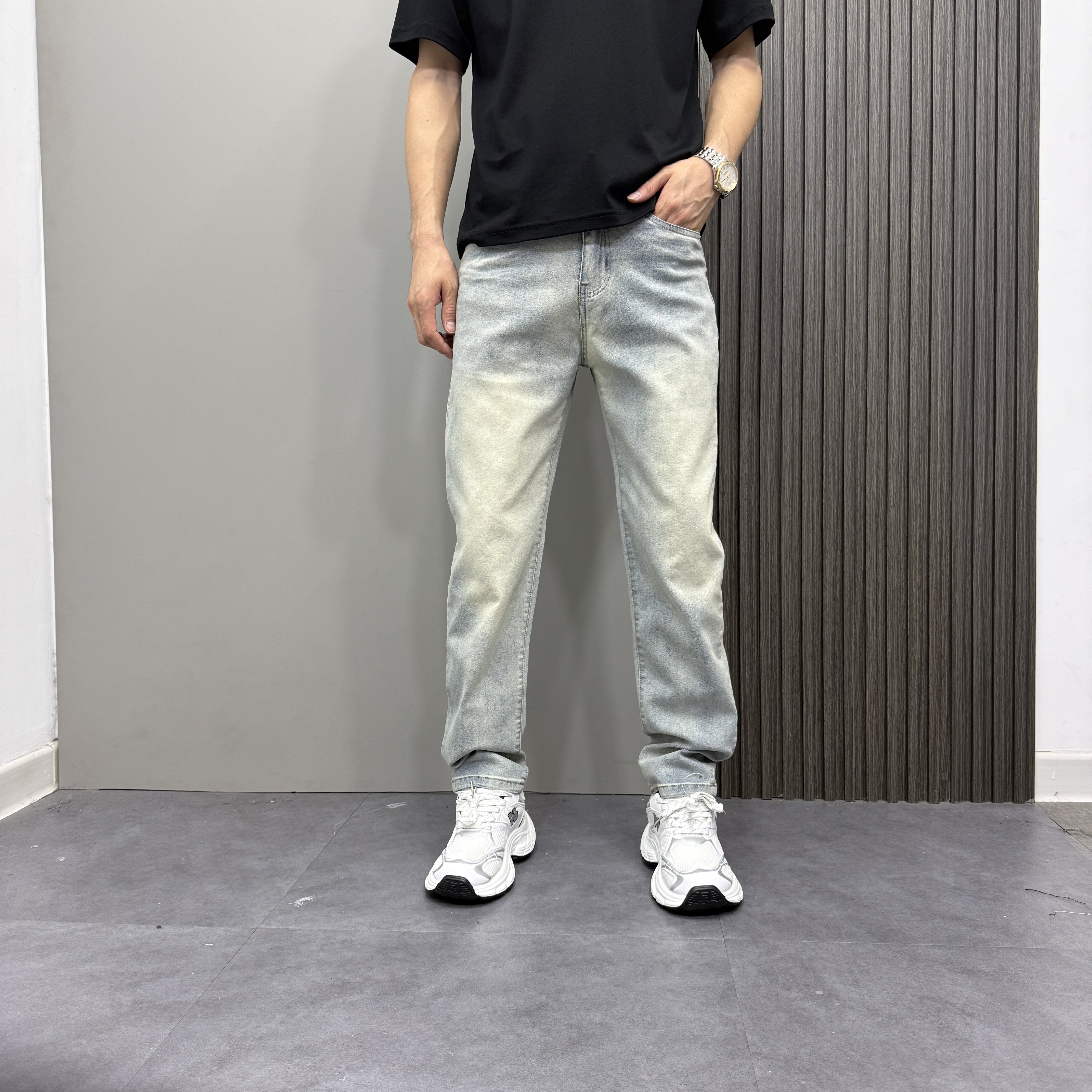 春夏修身直筒浅蓝美式潮流男裤
