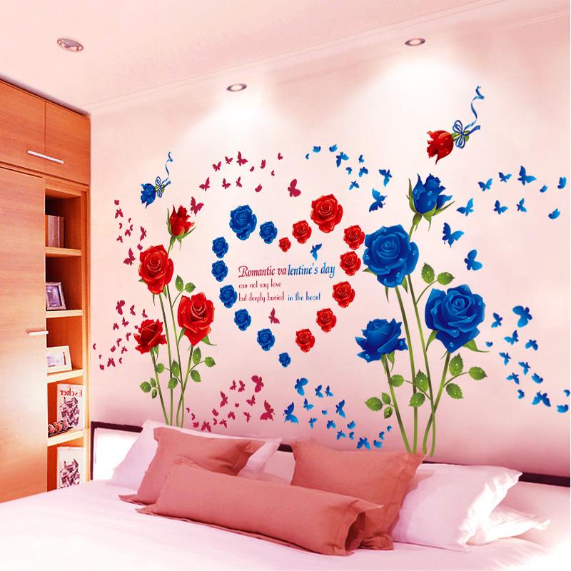 温馨蓝色玫瑰花卧室房间墙面装饰墙纸贴画自粘客厅电视背景墙贴纸