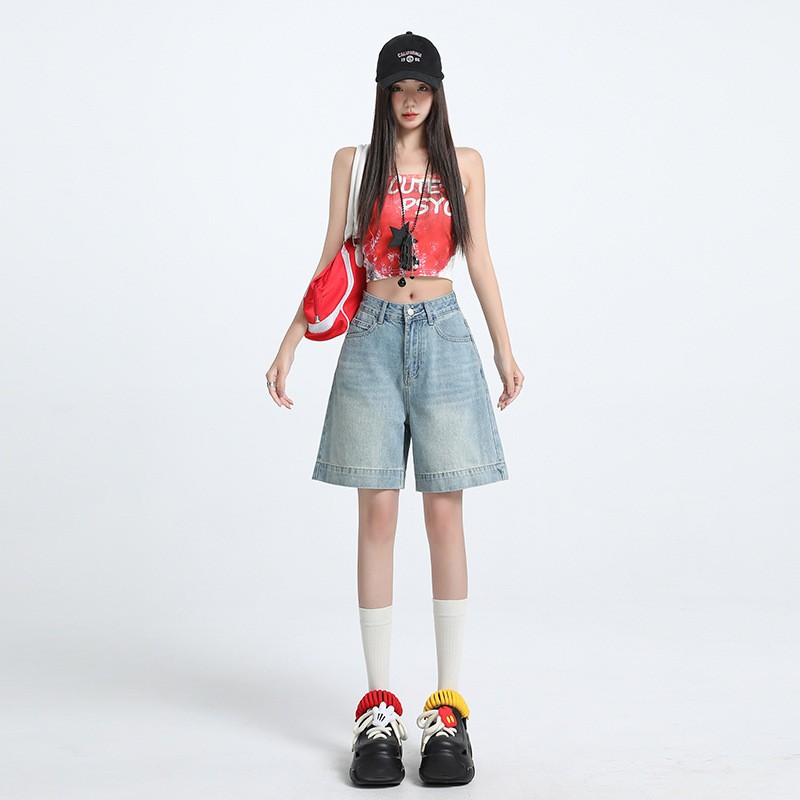 浅色直筒牛仔短裤女2025年夏季新款高腰显瘦宽松阔腿五分中裤薄款