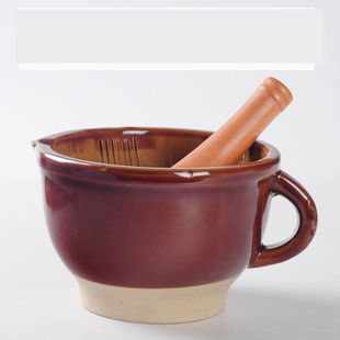 擂钵研磨器带把手蒜臼研磨器榉木研磨棒加厚加粗土陶擂钵陶瓷擂钵