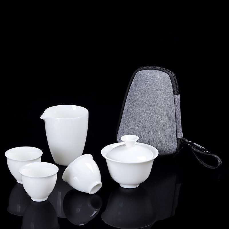 迷你白陶瓷茶具简约创意家用办公礼品旅行便携羊脂玉盖碗茶具套装