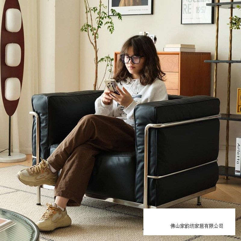 超软简约真皮单人沙发不锈钢直排客厅家用极简懒人休闲沙发椅