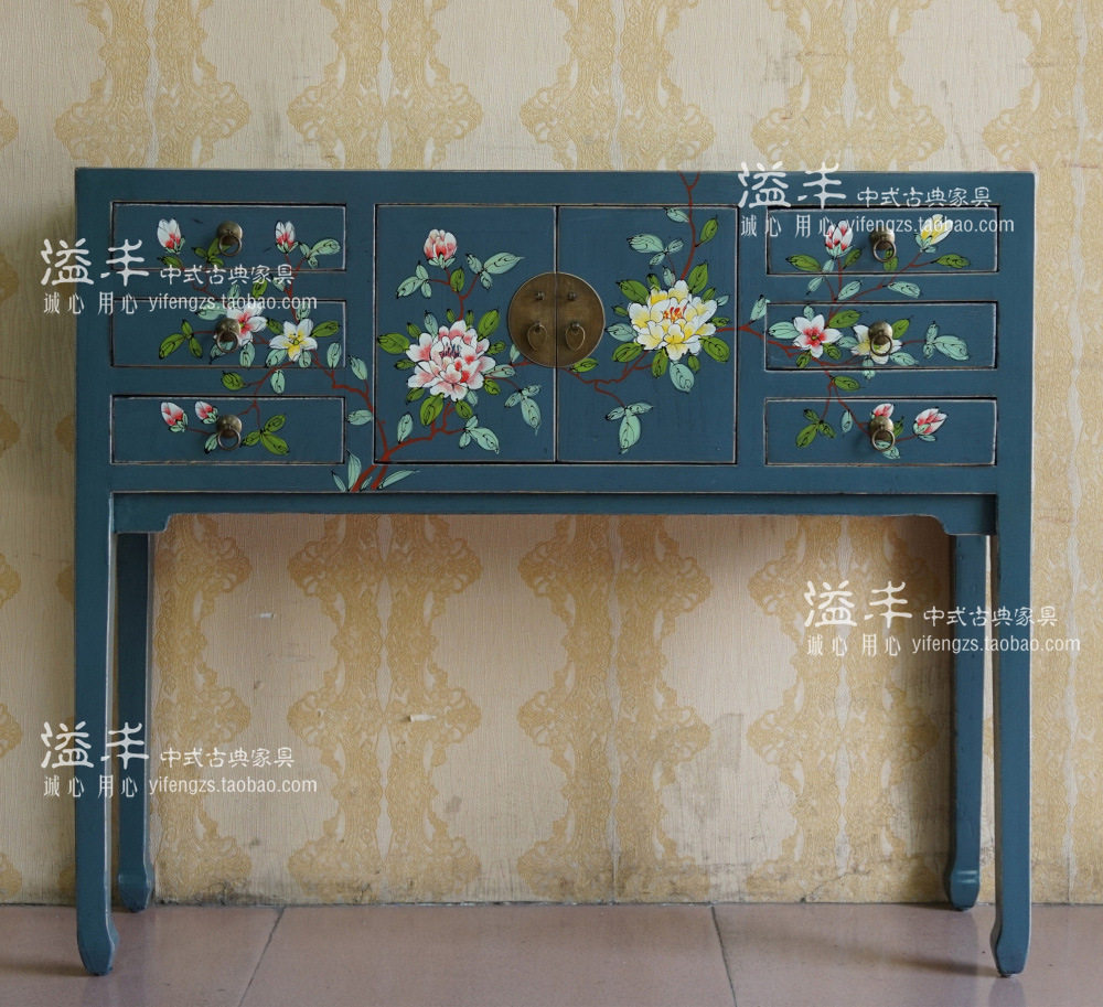 现代新中式仿古实木榆木彩绘小条案台手绘储物玄关台门厅条几边几
