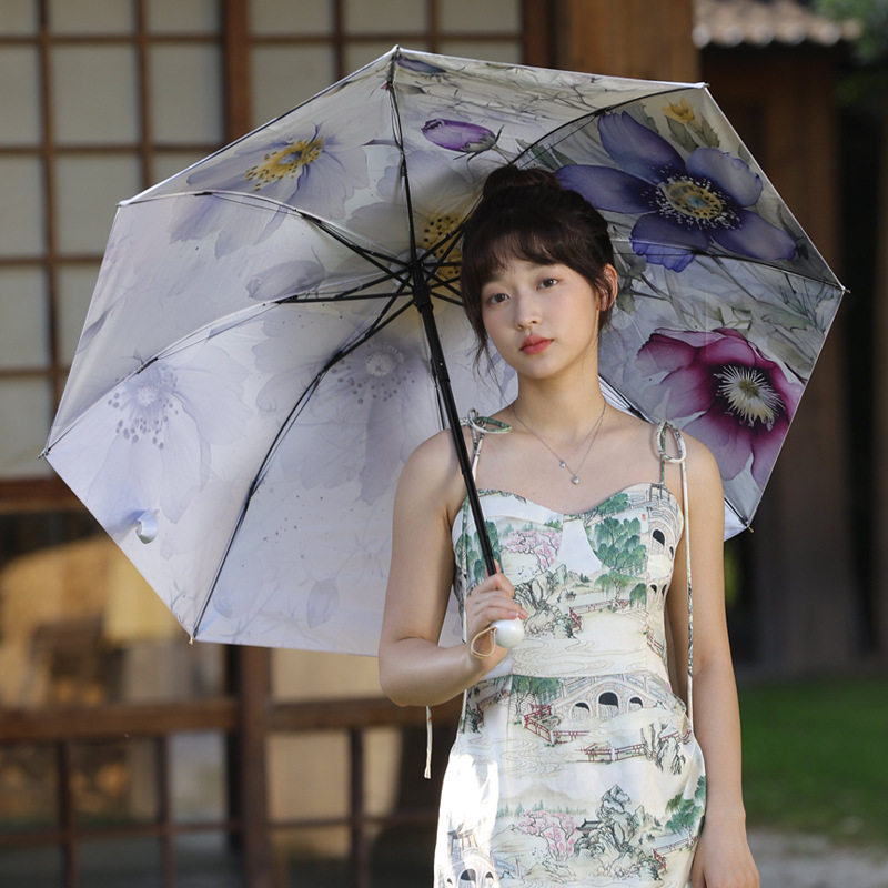 双层黑胶复古伞三折折叠加固加厚钢骨女宫廷晴雨伞遮阳伞伞
