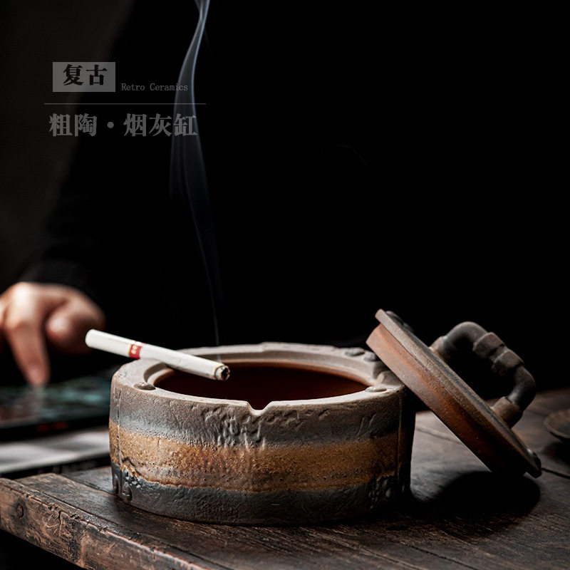 大号陶瓷烟灰缸带盖防飞灰复古创意家用客厅KTV酒吧粗陶烟盅烟缸