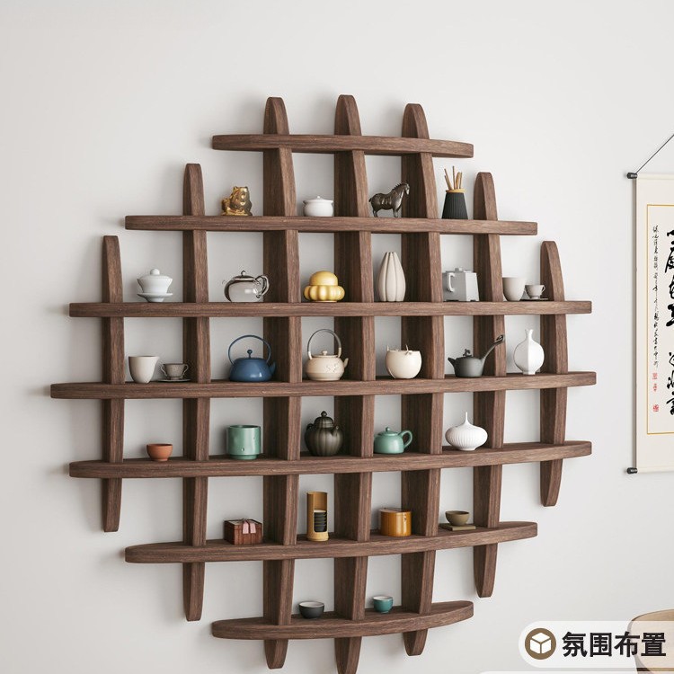 壁挂式博古架实木中式挂墙茶杯架墙上多宝阁格子架置物架收纳