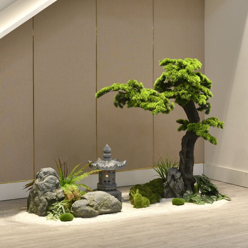 室内摆件组合楼梯下造景轻奢假山石头仿真绿植装饰大型落地摆件
