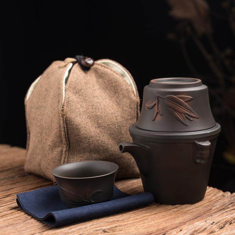 复古紫陶旅行快客杯便携袋户外陶瓷茶壶茶具套装一壶两杯紫砂茶杯