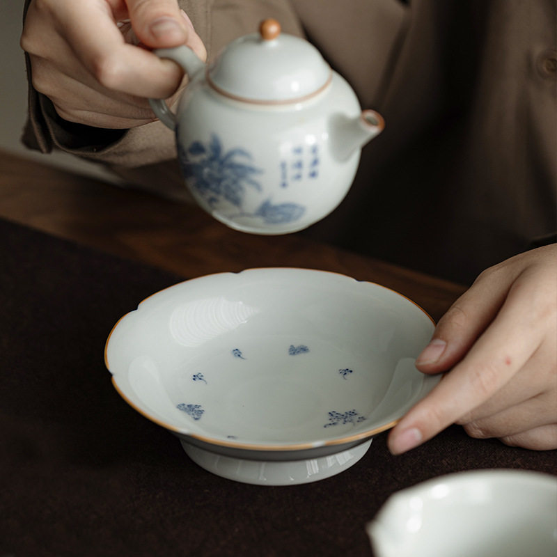 仿古青花橘子花壶承干泡台养紫砂壶茶托壶承茶台茶点盘茶道零配件