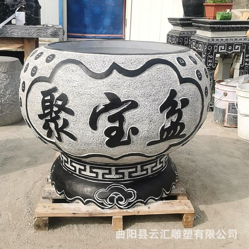 青石仿古雕刻荷花鱼缸庭院摆件