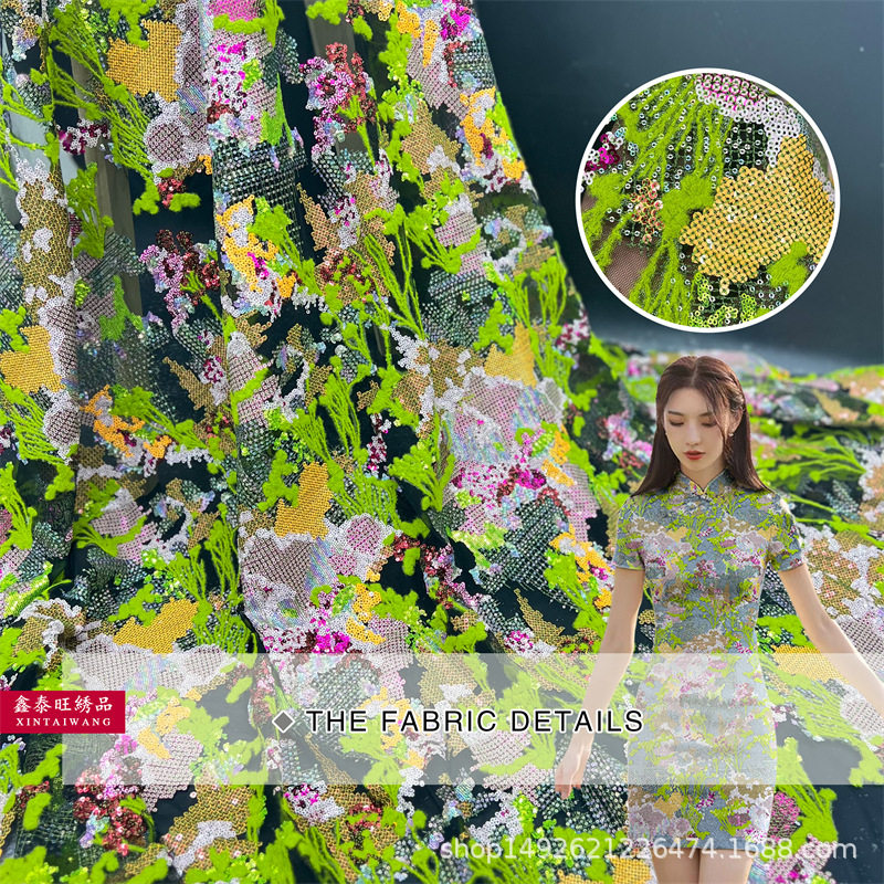 新品重工网红立体绳绣面料 现代晨袍服装面料 DIY亮片绣网纱面料