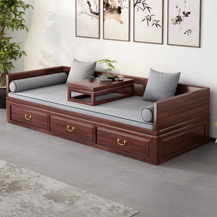 新中式罗汉床实木乌金木推拉床客厅贵妃榻伸缩储物带抽屉箱沙发床