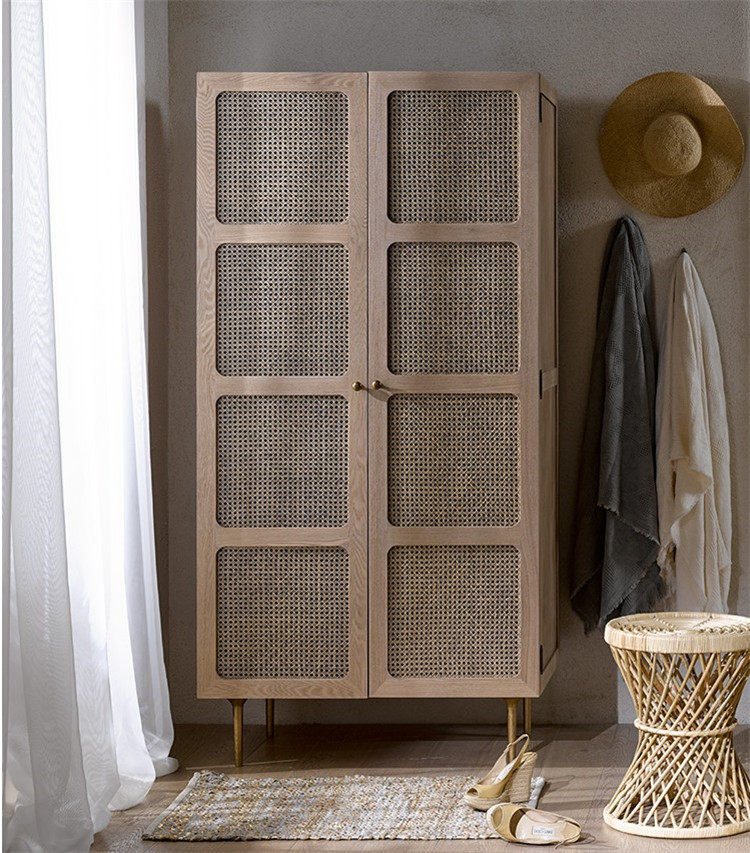 美式创意藤编实木衣柜北欧小户型卧室双门衣柜复古简约做旧储物柜