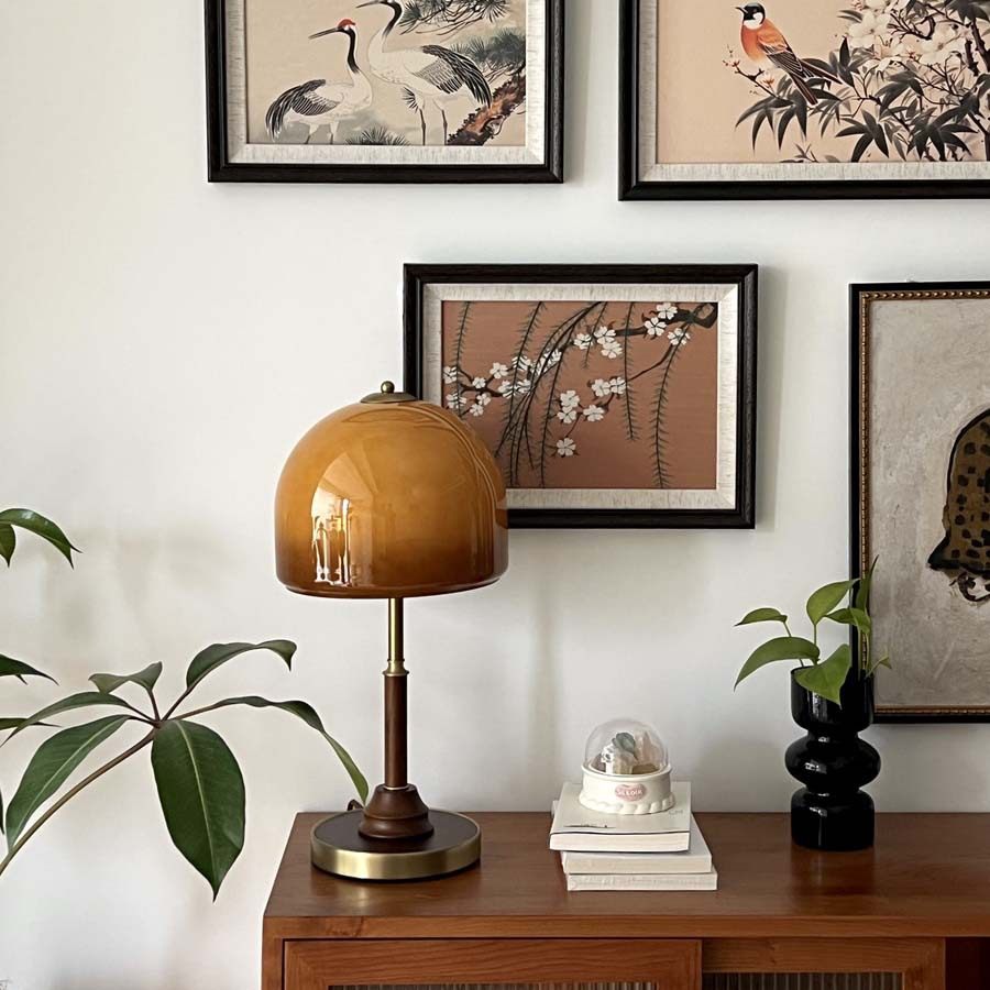 中古台灯复古胡桃木色玻璃装饰台灯美式卧室床头书房高级感创意灯