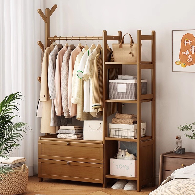 实木加粗挂衣架室内落地衣架新中式衣帽架带置物架抽屉卧室收纳柜