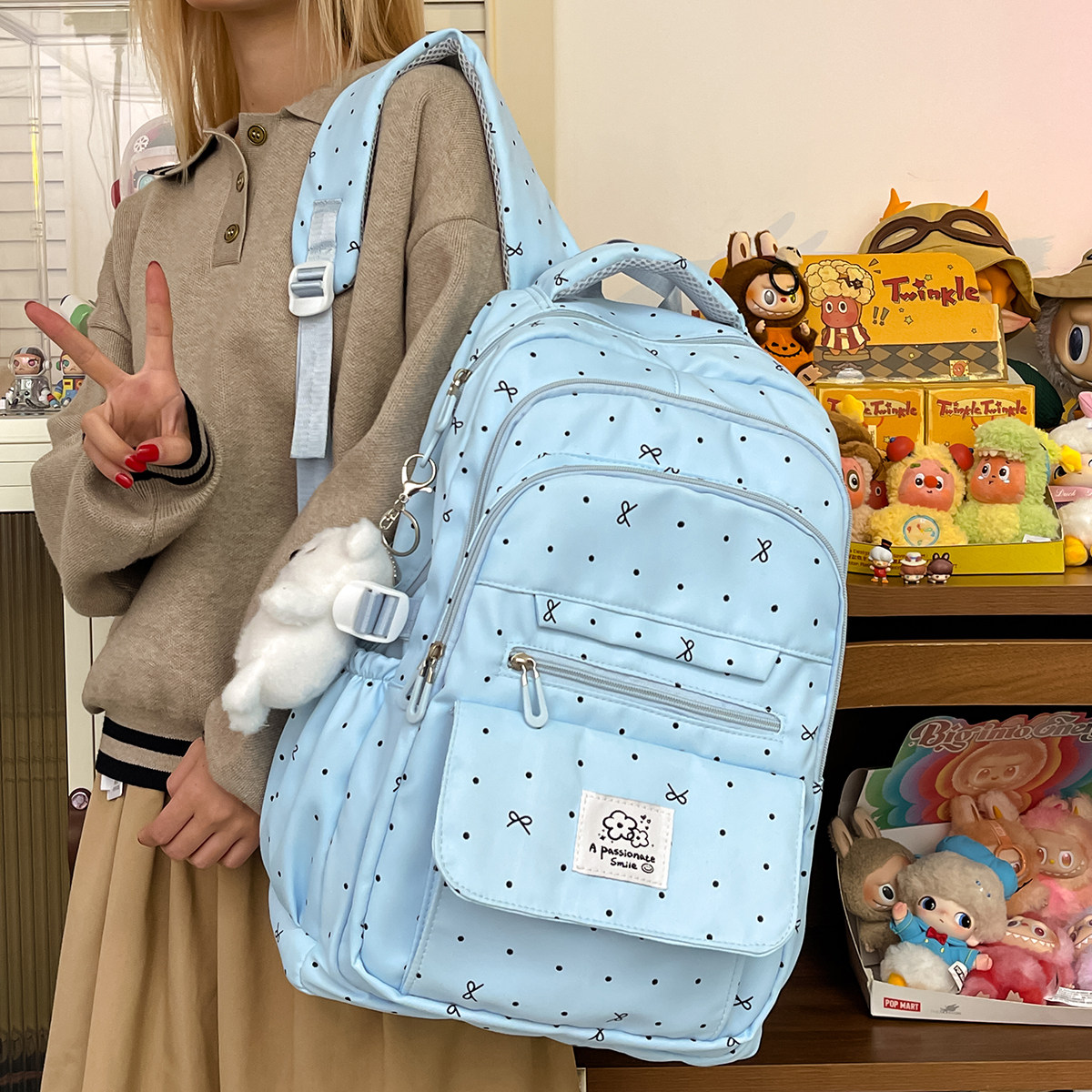 学院风蓝色波点双肩包女学生初中生高中生高颜值大容量轻便书包